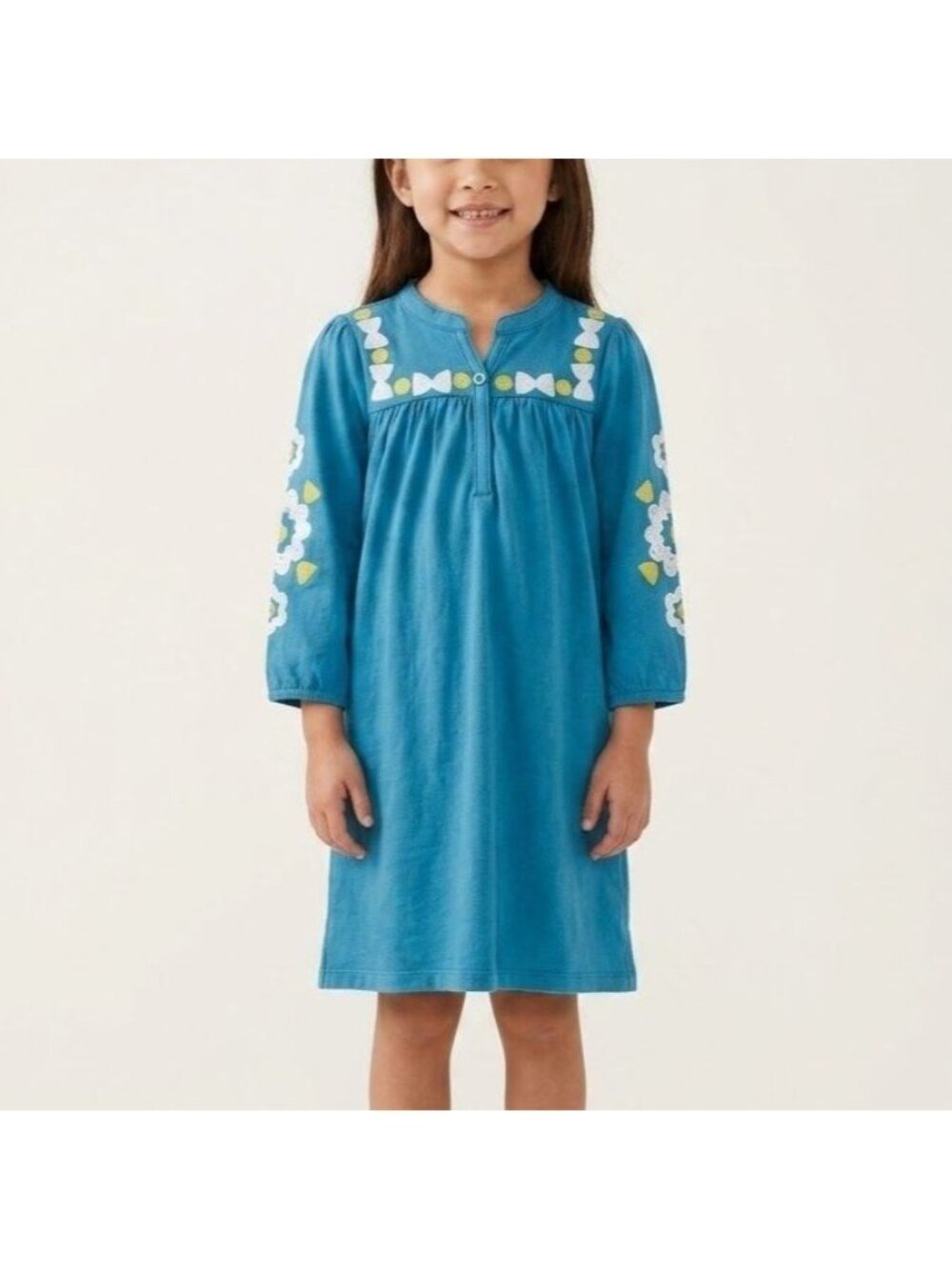 Tea Collection Size 7 Teal Blue Long Sleeve Embroidered Shift Dress